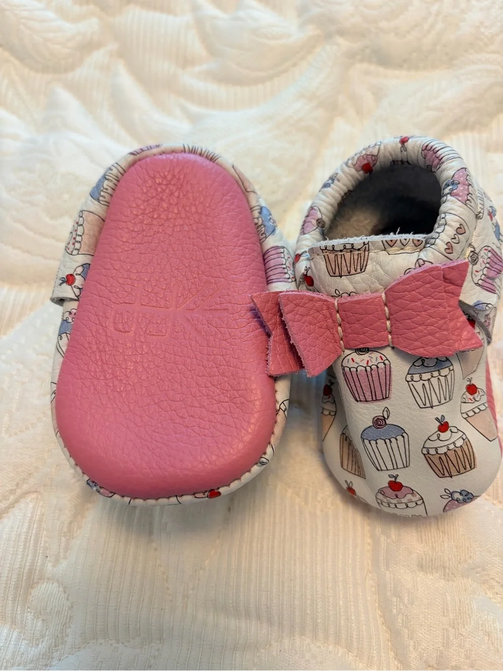 Freshly Picked Baby Cupcake Print Moccasins with Pink Bow